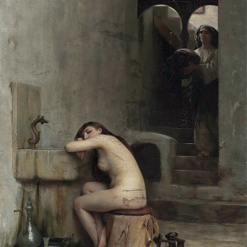 A classical painting depicting a nude woman resting on a stool by a stone basin, with a second woman carrying a large vessel in the background.