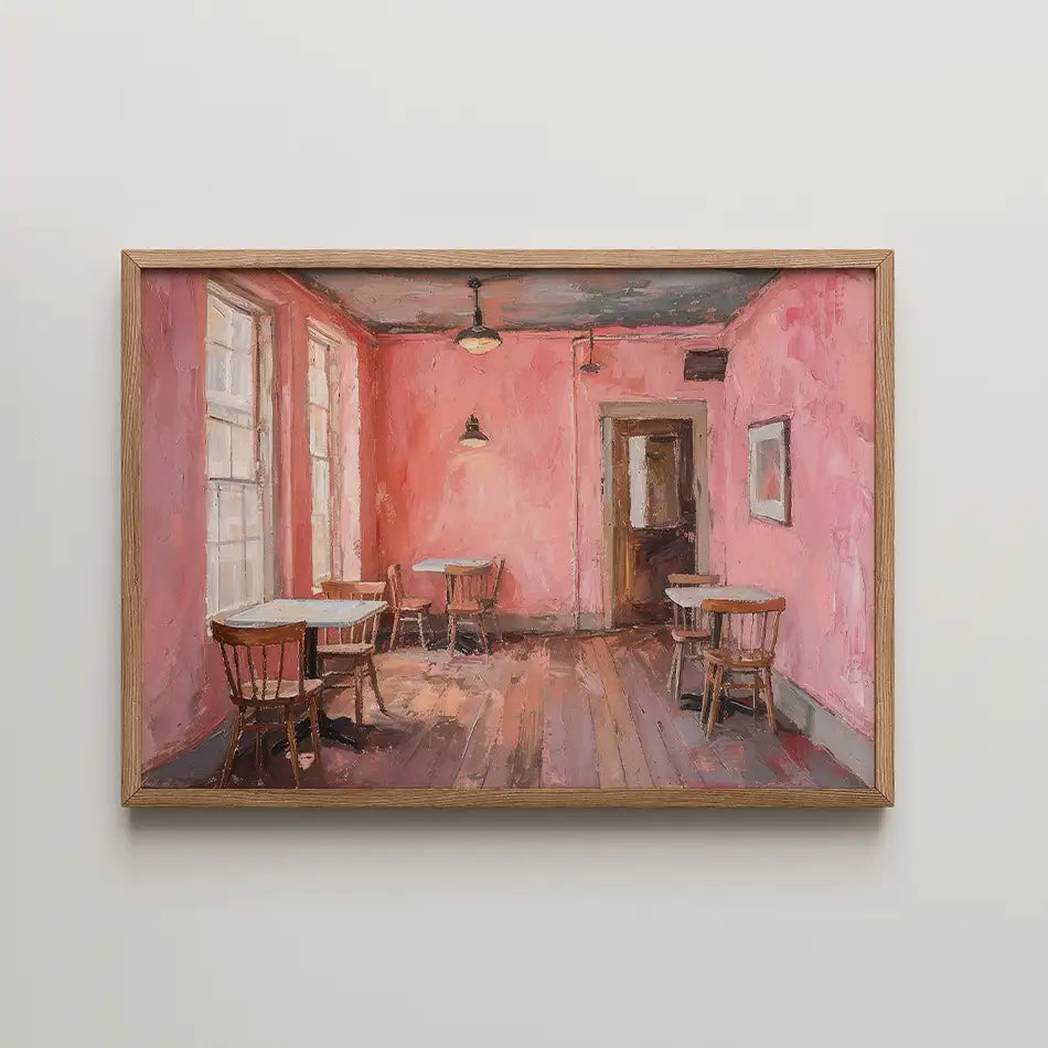 "Modern art print of a cozy café interior showcasing a soft pink palette, rustic wooden furniture, and natural light illuminating the charming atmosphere."