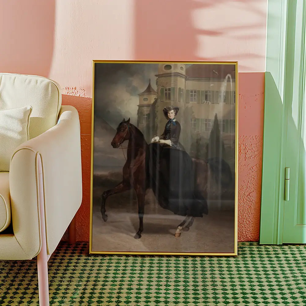 A vintage-style painting of a woman in a black dress riding a brown horse, framed and displayed in a cozy room with pink walls and a green door.