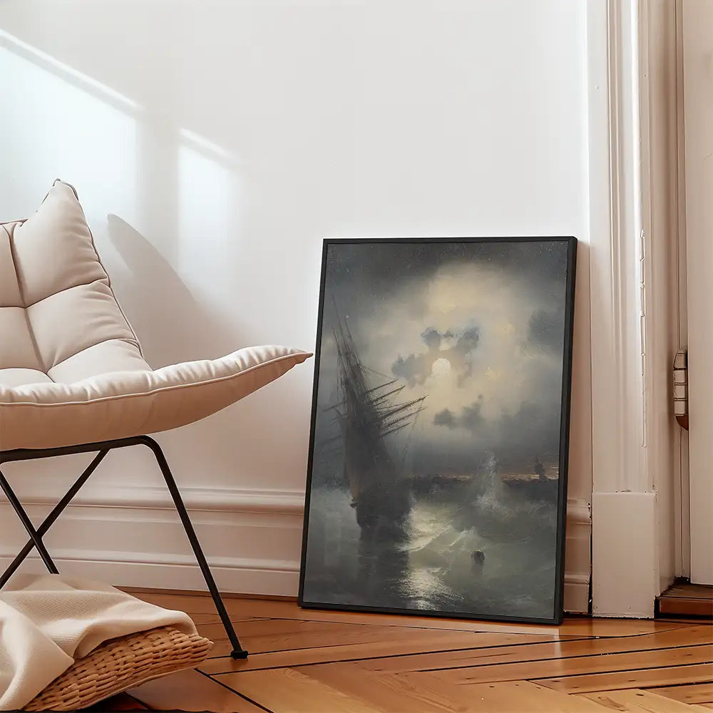 A framed painting of a ship in a stormy sea, leaning against a wall beside a modern chair in a bright room.