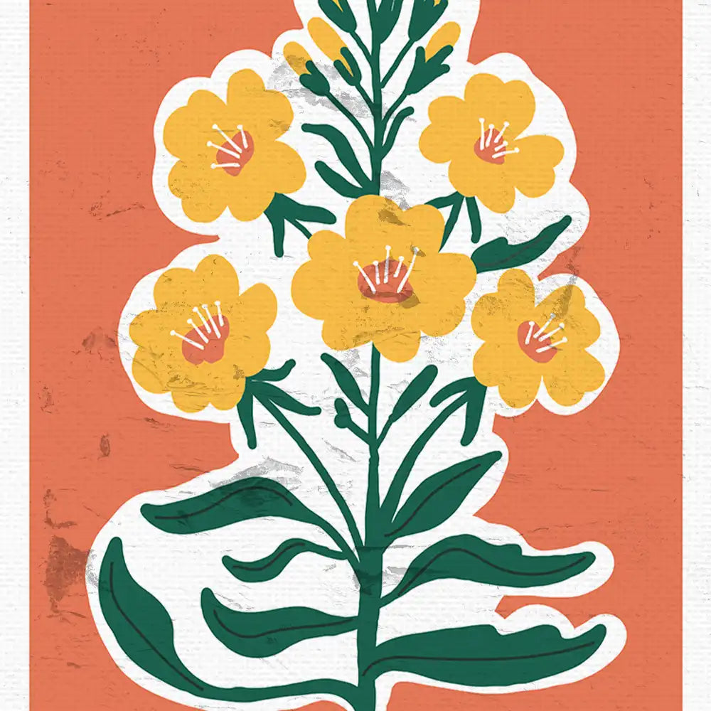 Modern botanical poster featuring vibrant yellow flowers on a textured coral background, perfect for home decor.