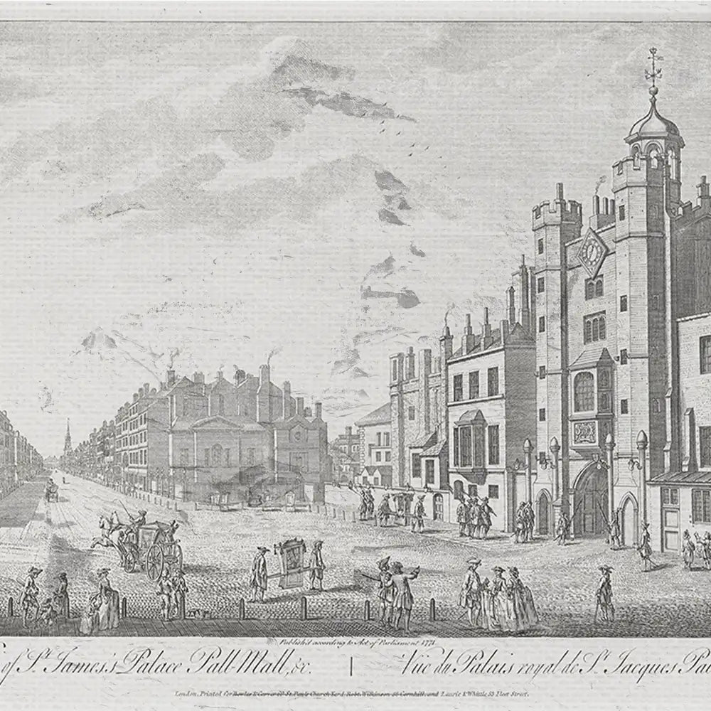 Engraving of St. James's Palace, Pall Mall, featuring historic architecture and people in period clothing in a bustling street scene.