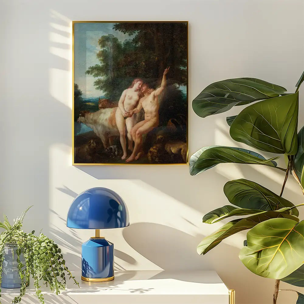 Framed painting of two naked figures in a romantic pose in a natural setting, displayed on a wall with a blue lamp and greenery in the foreground.