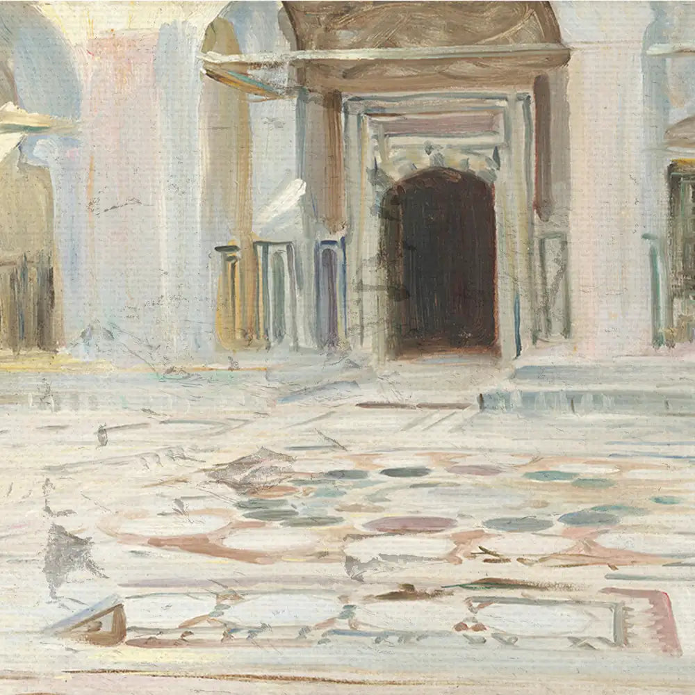 Abstract painting of an architectural interior featuring a large dark entrance and patterned floor tiles.