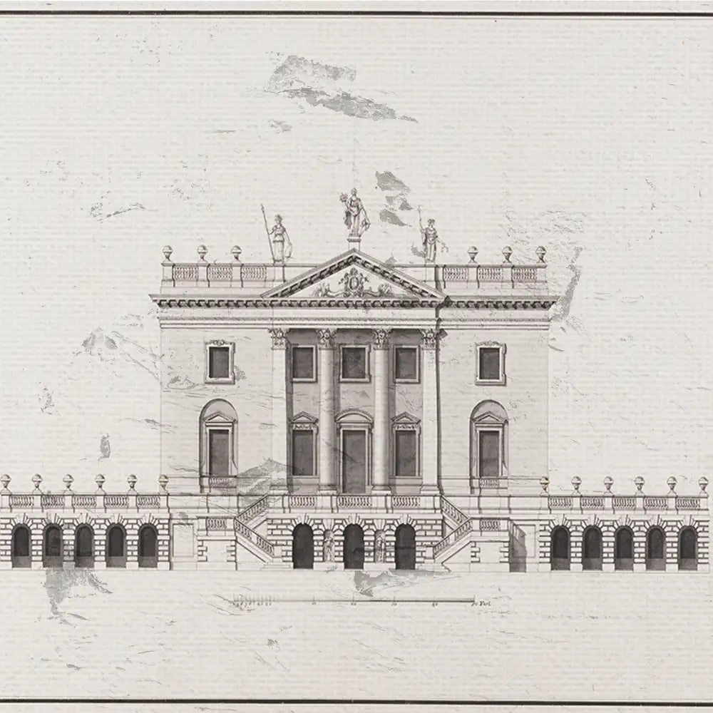 Architectural illustration of a grand classical building featuring columns, statues, and ornate detailing.