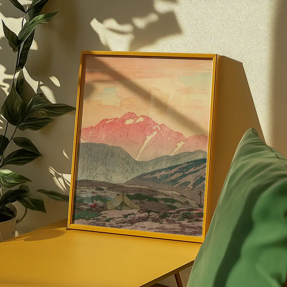 Framed painting of mountains with pink peaks, displayed on a yellow table next to a green cushion and a potted plant.
