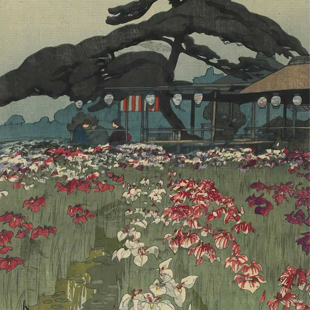 Landscape painting featuring vibrant flowers in a field, a traditional structure in the background, and two figures under a large tree.
