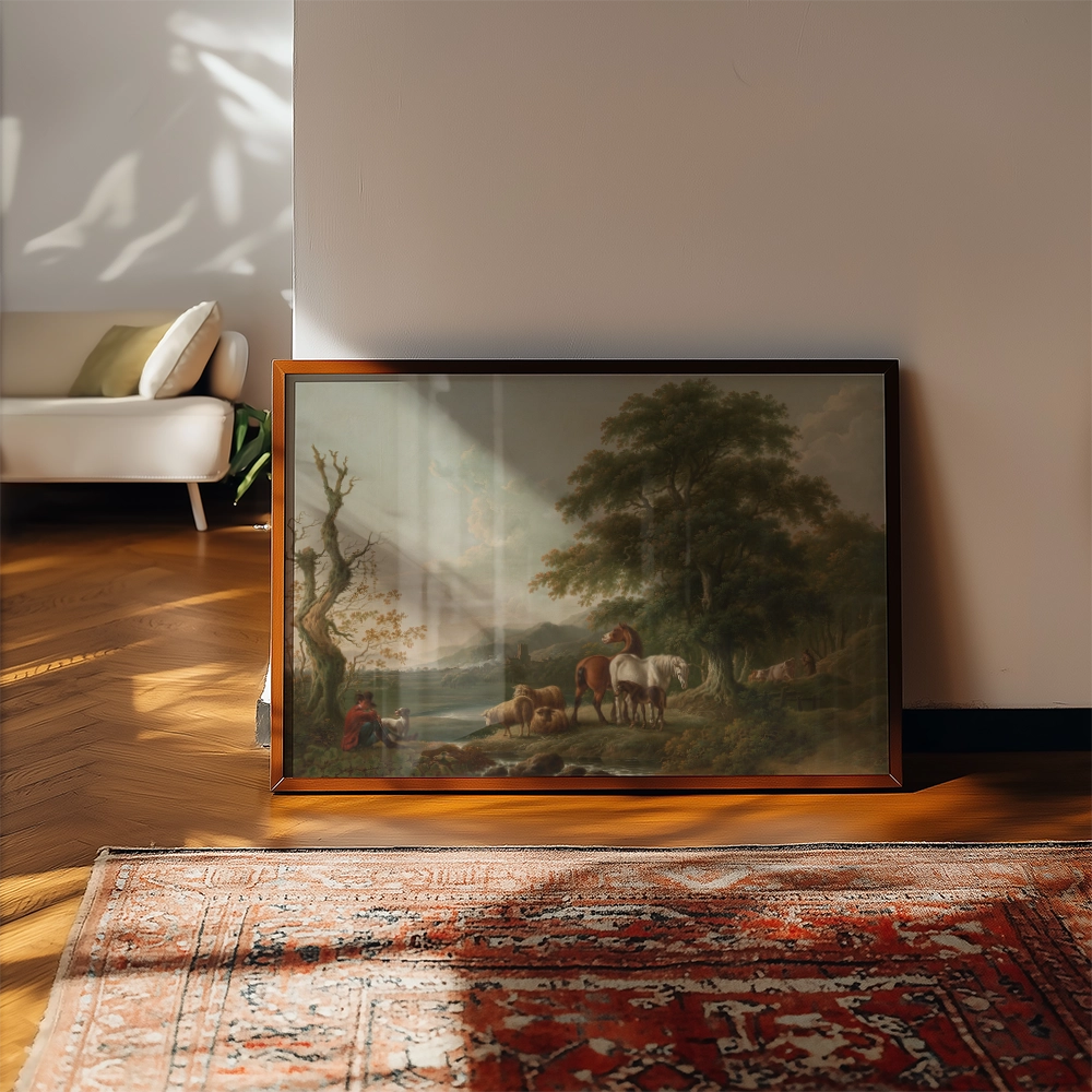 Framed landscape painting featuring horses and a serene natural setting, leaning against a wall in a softly lit room with a rug.