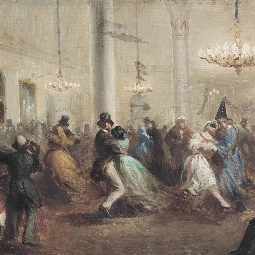 Painting of a lively ballroom scene with elegantly dressed couples dancing, surrounded by spectators in a grand hall adorned with chandeliers.
