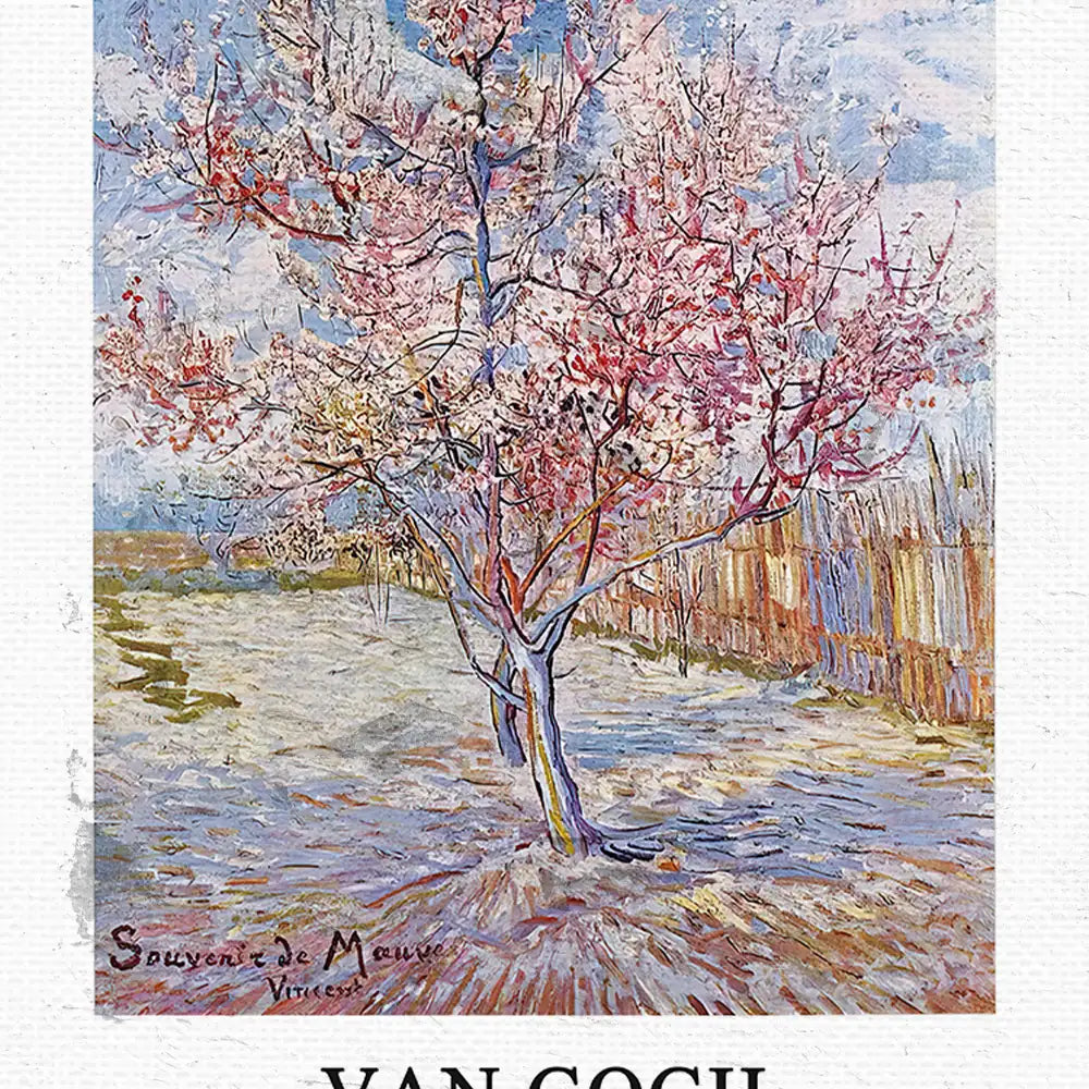 Painting of a blossoming tree in soft pink and white hues, set against a vibrant blue sky, with a rustic fence in the background, signed by Van Gogh.