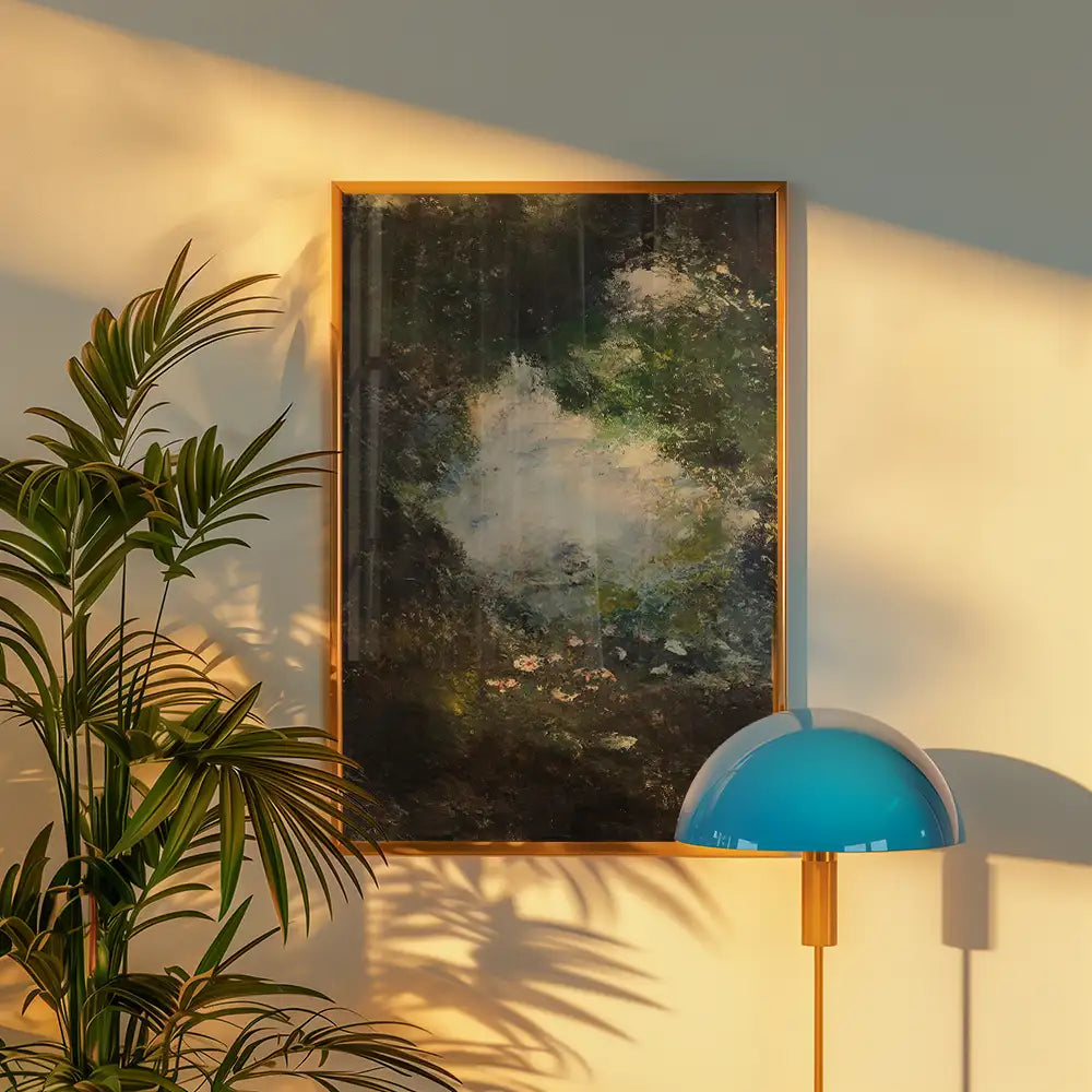 A framed abstract painting with a green and blue color palette, displayed on a wall next to a potted plant and a modern blue lamp.