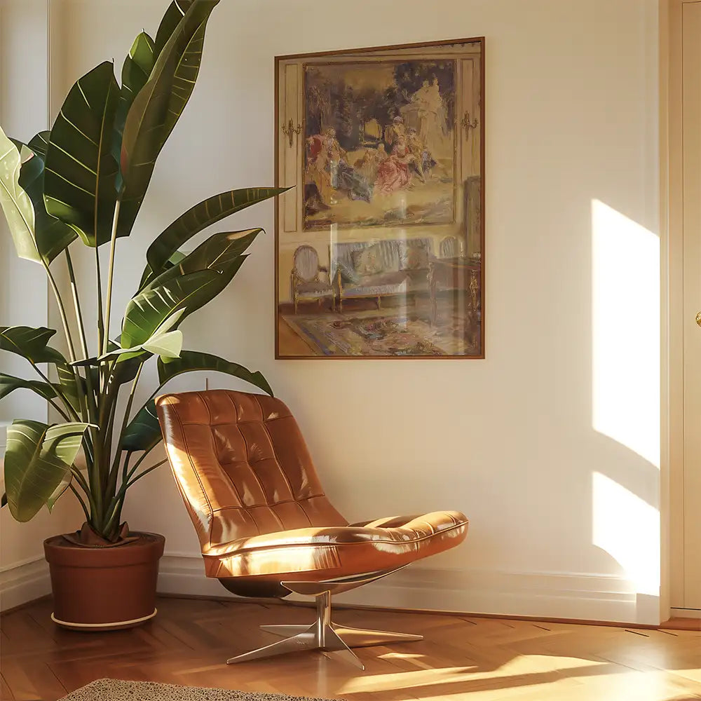 A stylish brown chair beside a potted plant, featuring a painting of a classic scene on the wall in a bright, sunlit room.