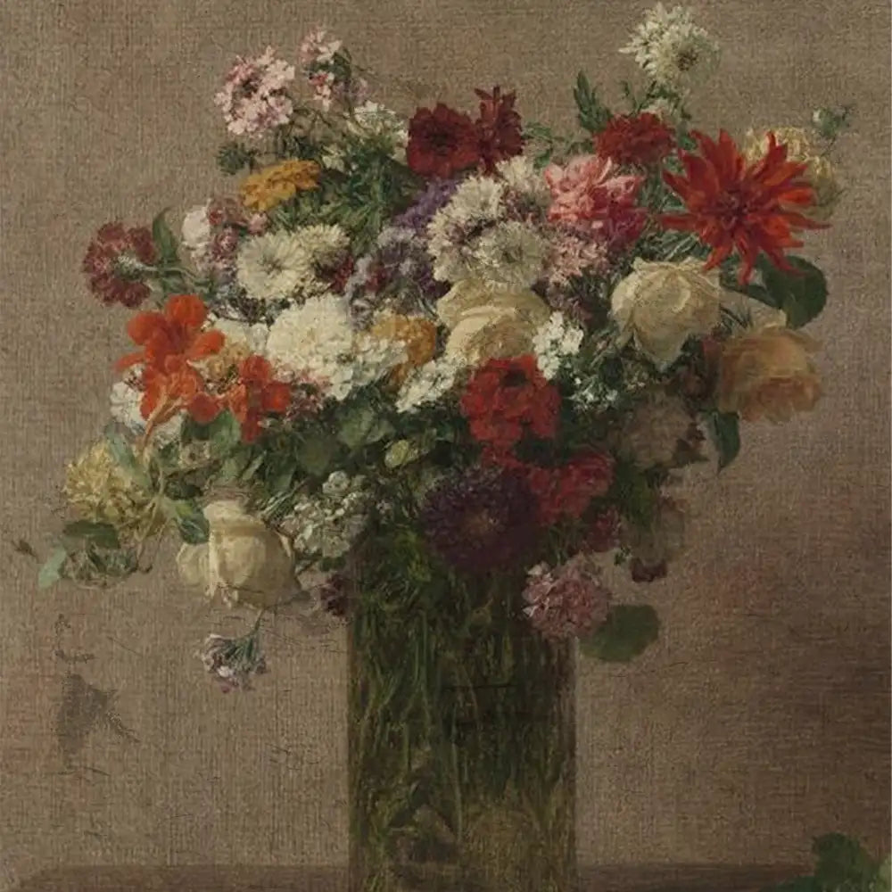 A beautiful bouquet of colorful flowers in a clear vase against a soft, textured background.