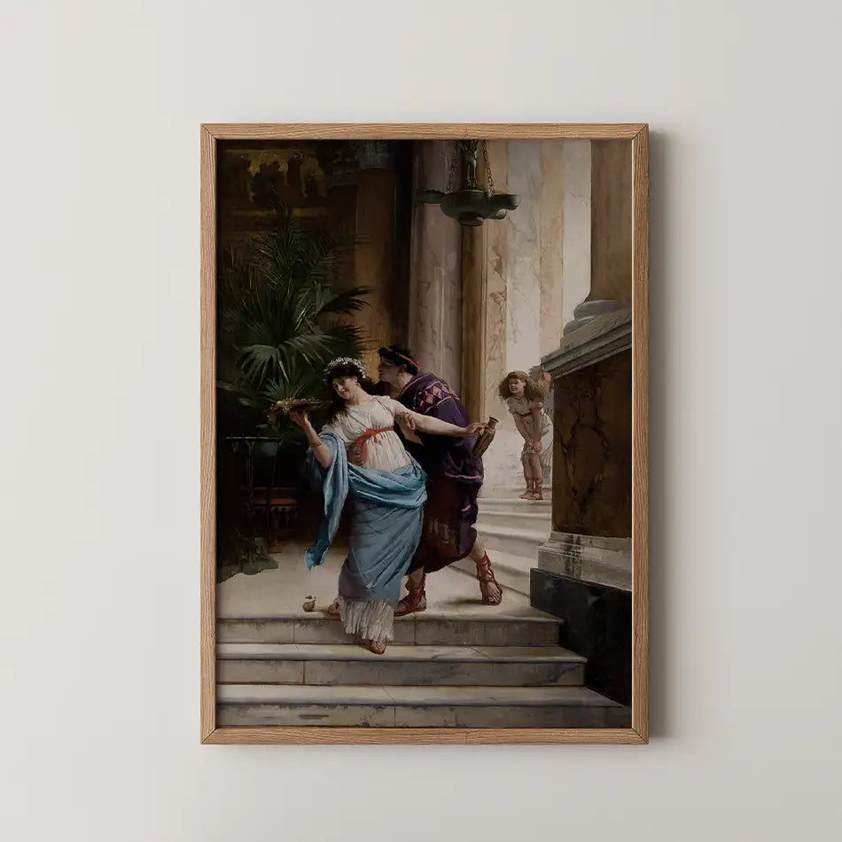 Framed painting depicting a classical scene of a woman in a flowing gown and a man in ancient attire interacting on stairs, with greenery in the background.