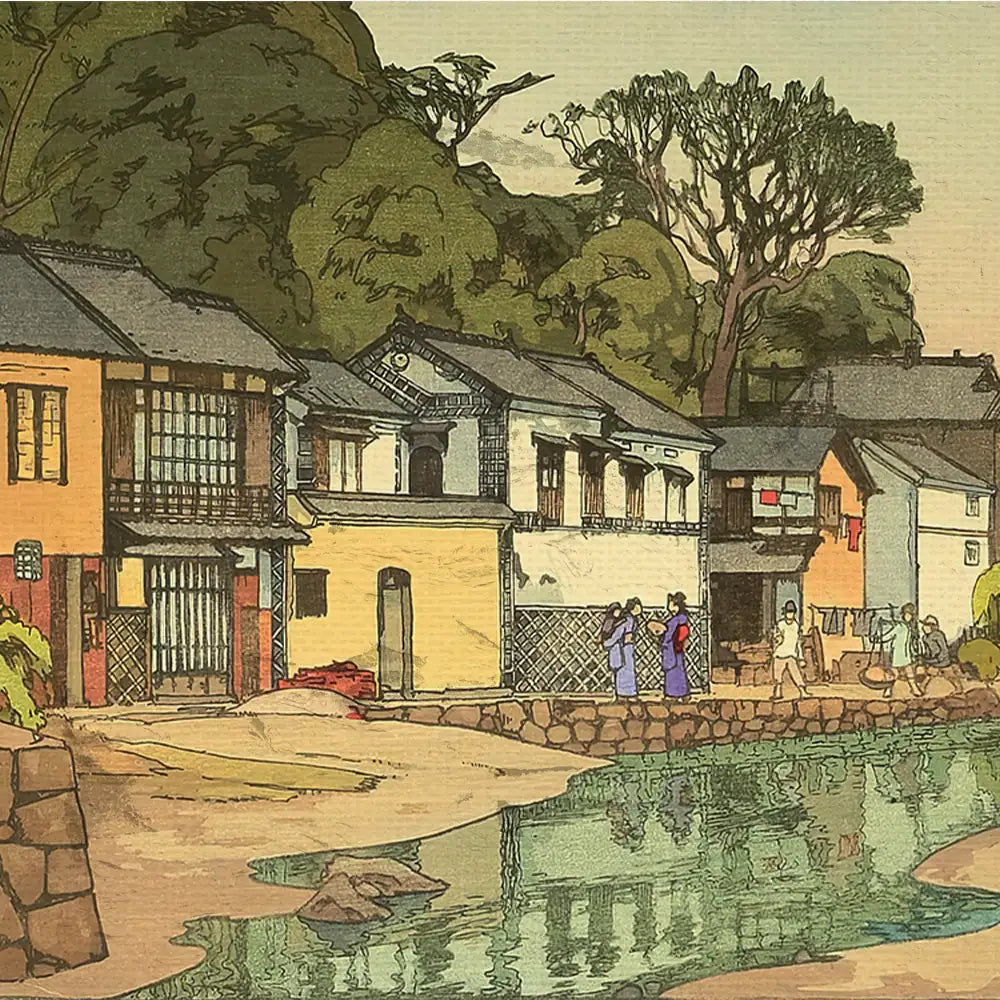 Colorful painting of a riverside village with traditional buildings, trees, and people walking along the shore.