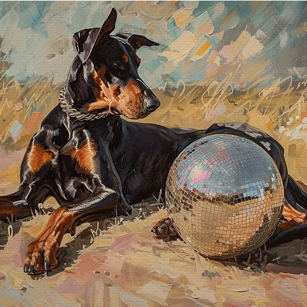 Modern art print featuring a Doberman dog lounging beside a reflective disco ball in a vibrant outdoor setting.