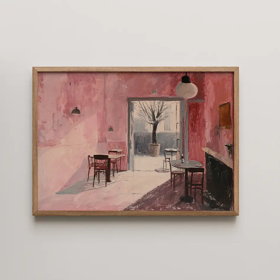 Cozy café scene art print featuring soft pastel pinks and earthy tones with elegant tables and wooden chairs, highlighting a tranquil view of nature through a large window.