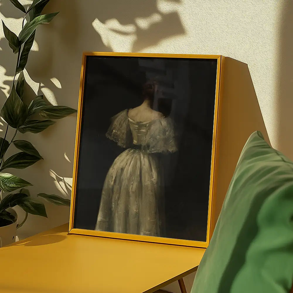 A framed painting of a woman in a white dress viewed from behind, positioned on a yellow table with a green cushion and leafy plant in the background.