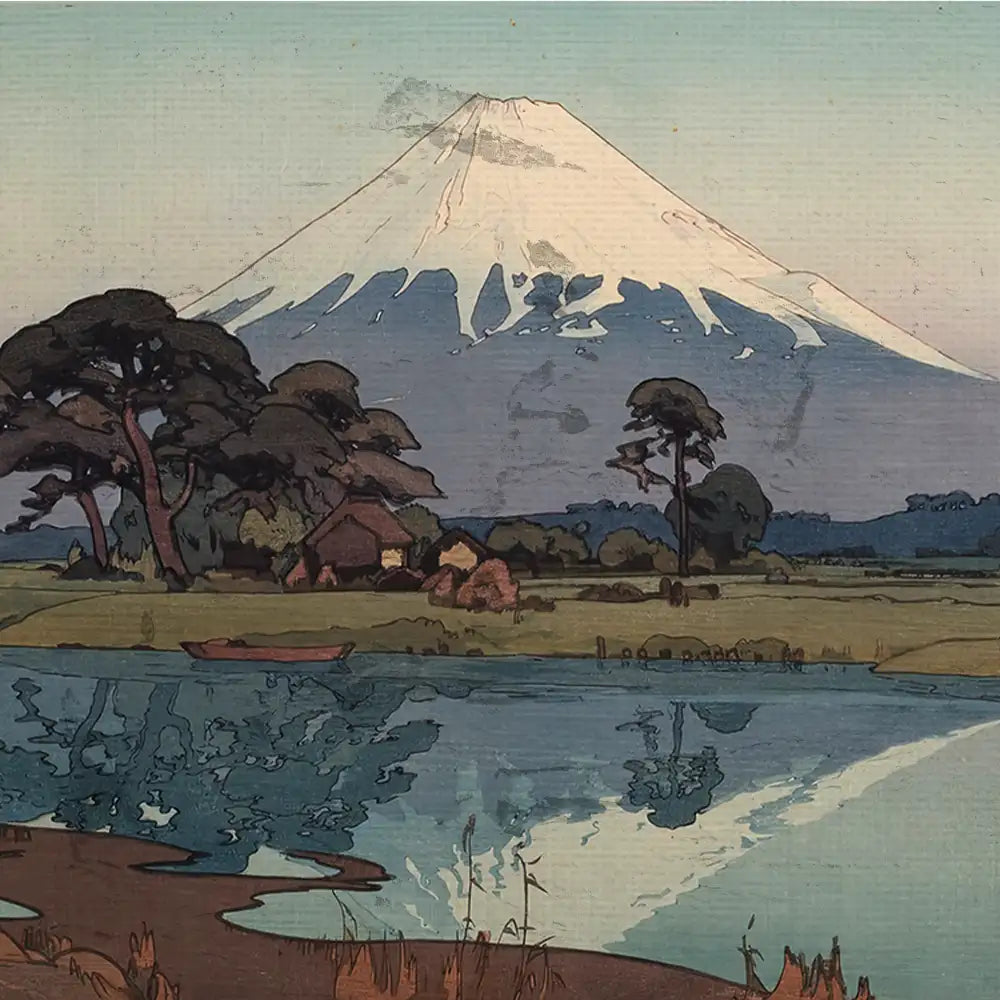Landscape painting featuring Mount Fuji with a serene lake in the foreground, surrounded by trees and traditional Japanese houses.
