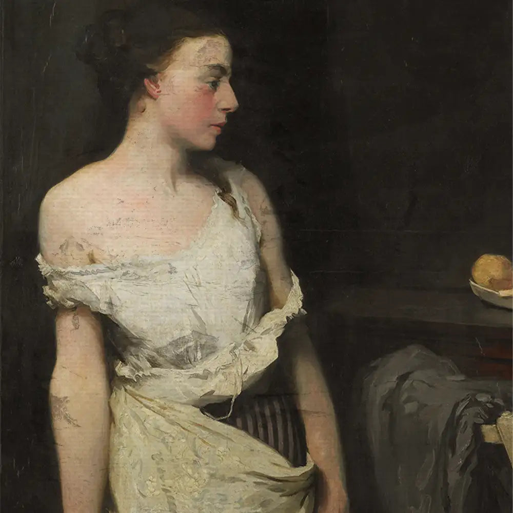 Portrait of a young woman in a simple white dress, looking contemplatively to the side with soft lighting and a dark background.