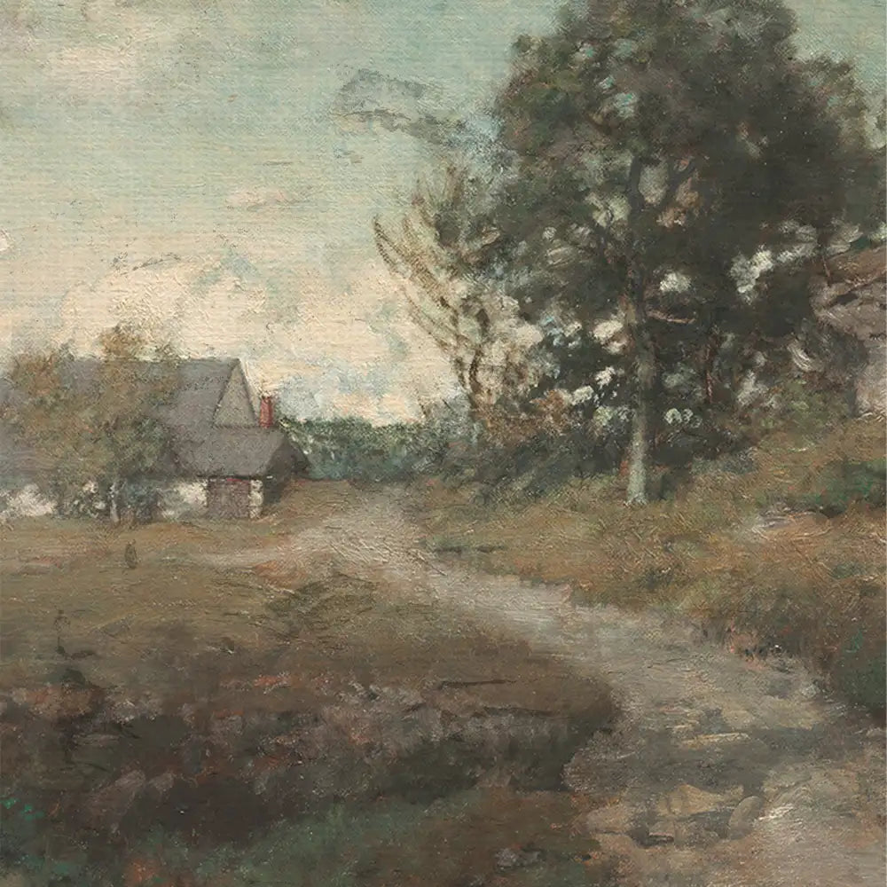 Landscape painting featuring a rural scene with a house, trees, and a winding path under a cloudy sky.
