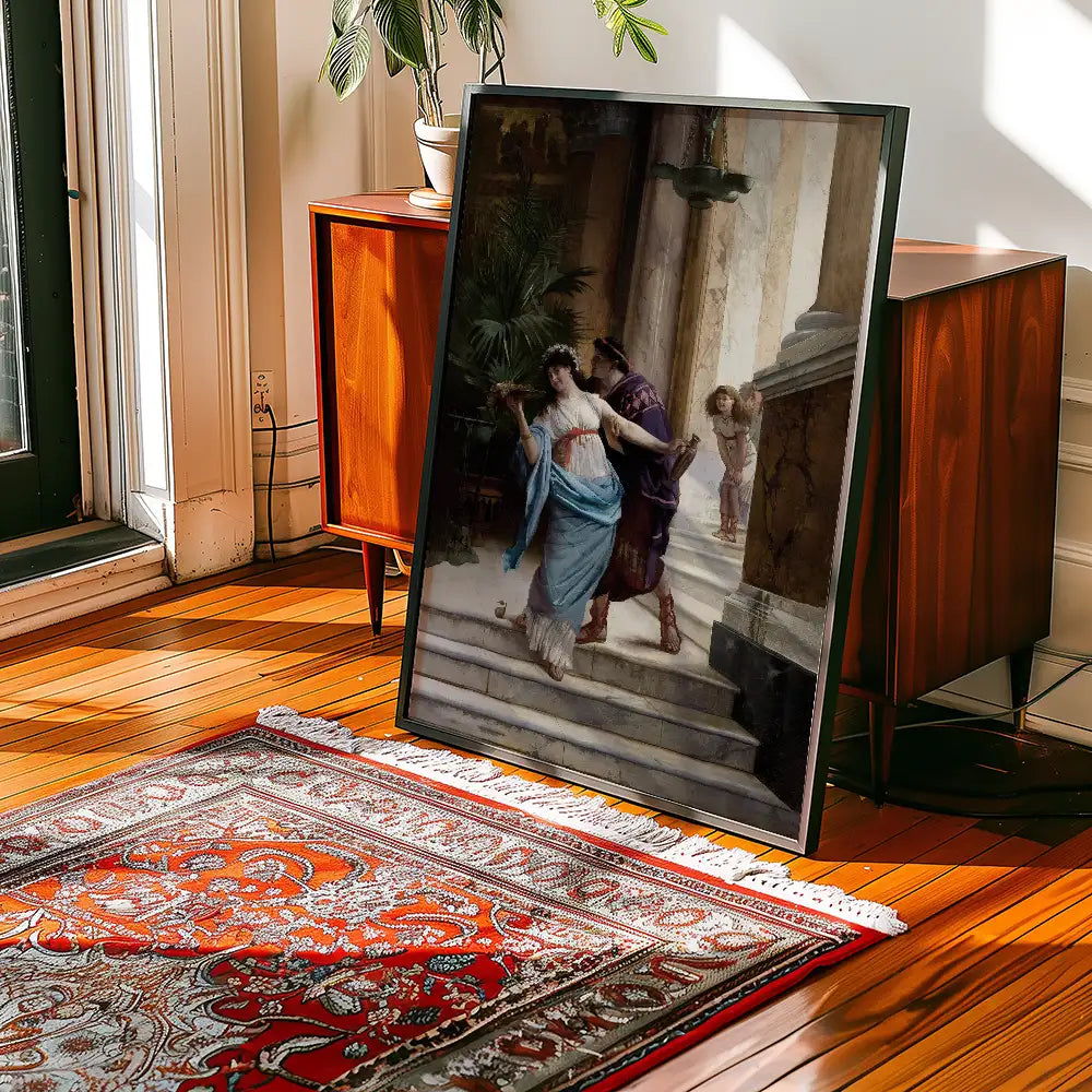 A framed painting depicting two figures in historical attire on a staircase, complemented by indoor plants and a stylish rug in a bright room.