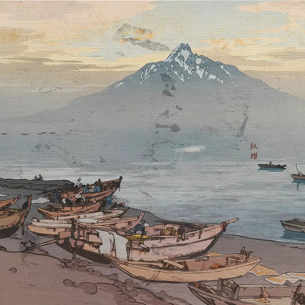A serene landscape painting featuring traditional boats on a beach with a snow-capped mountain in the background and a calm sea.
