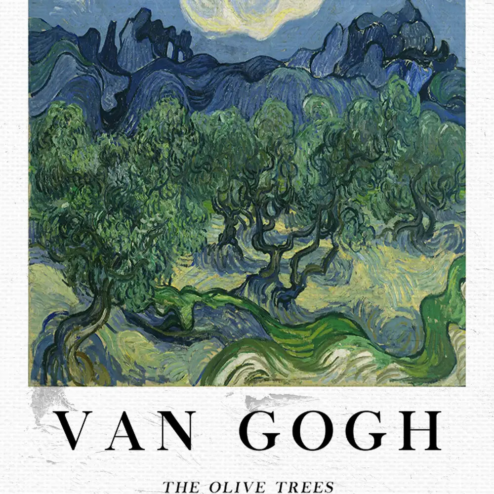 Van Gogh painting titled "The Olive Trees" featuring vibrant green trees against a swirling blue and yellow background.