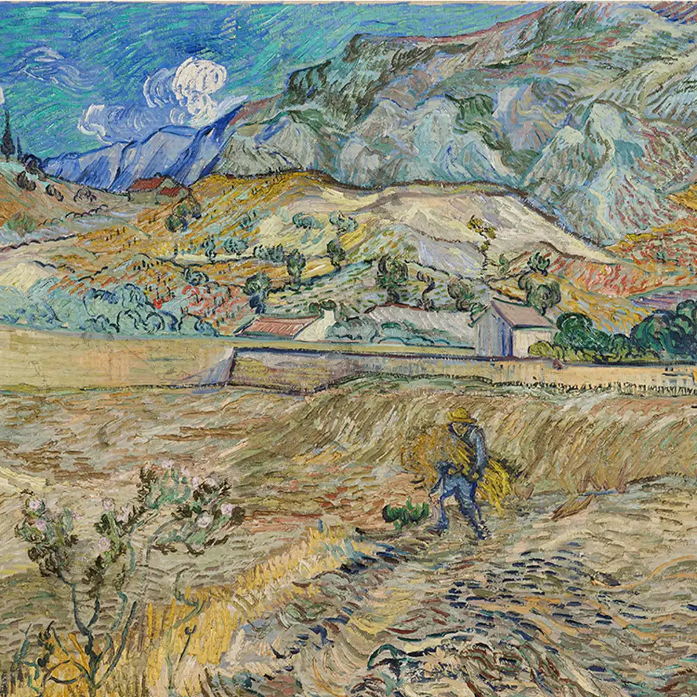 Painting of a farmer working in a field with a mountainous landscape in the background, featuring vibrant colors and textured brushstrokes.