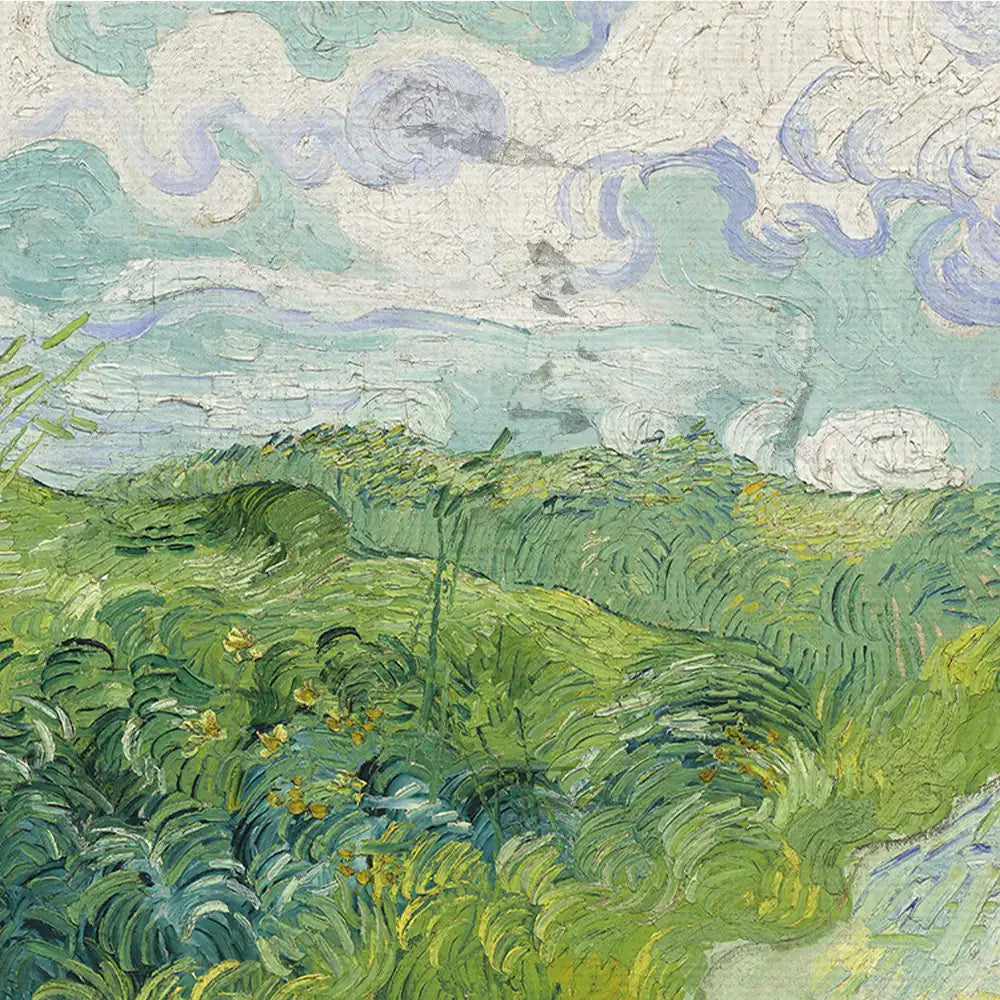 Vibrant landscape painting featuring swirling clouds and lush green hills, showcasing thick brush strokes and a vivid color palette.
