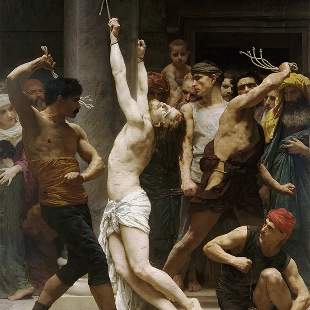 Historic painting depicting a dramatic scene with figures in various expressions of anguish and aggression, showcasing a blend of human emotion and classical art techniques.