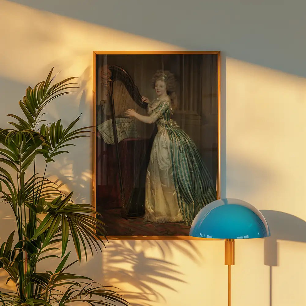 Painting of a woman playing the harp, framed and displayed on a wall next to a potted plant and a modern lamp.