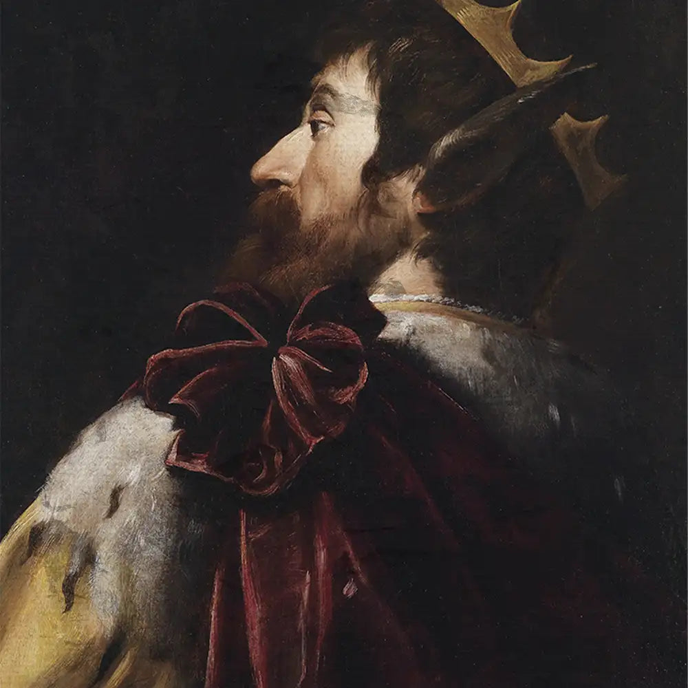 Portrait of a man with a crown and elaborate clothing, viewed from the side, showcasing rich textures and dark background.