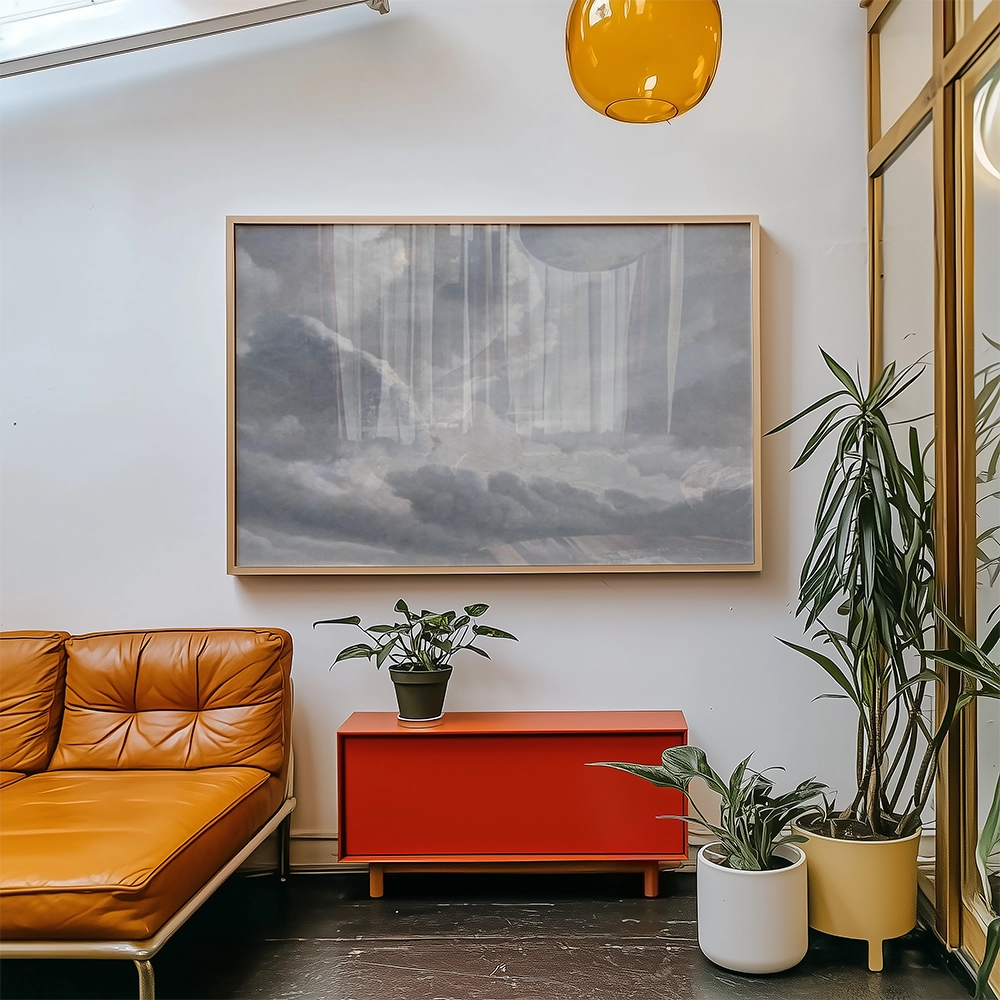 Modern abstract painting in a wooden frame displayed above a red mid-century style console table, with a yellow pendant light and indoor plants in a stylish living room setting.