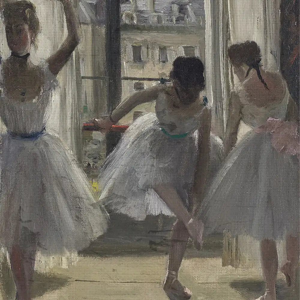 Ballet dancers in white tutus adjusting their costumes by a window, capturing the elegance of dance and artistry.