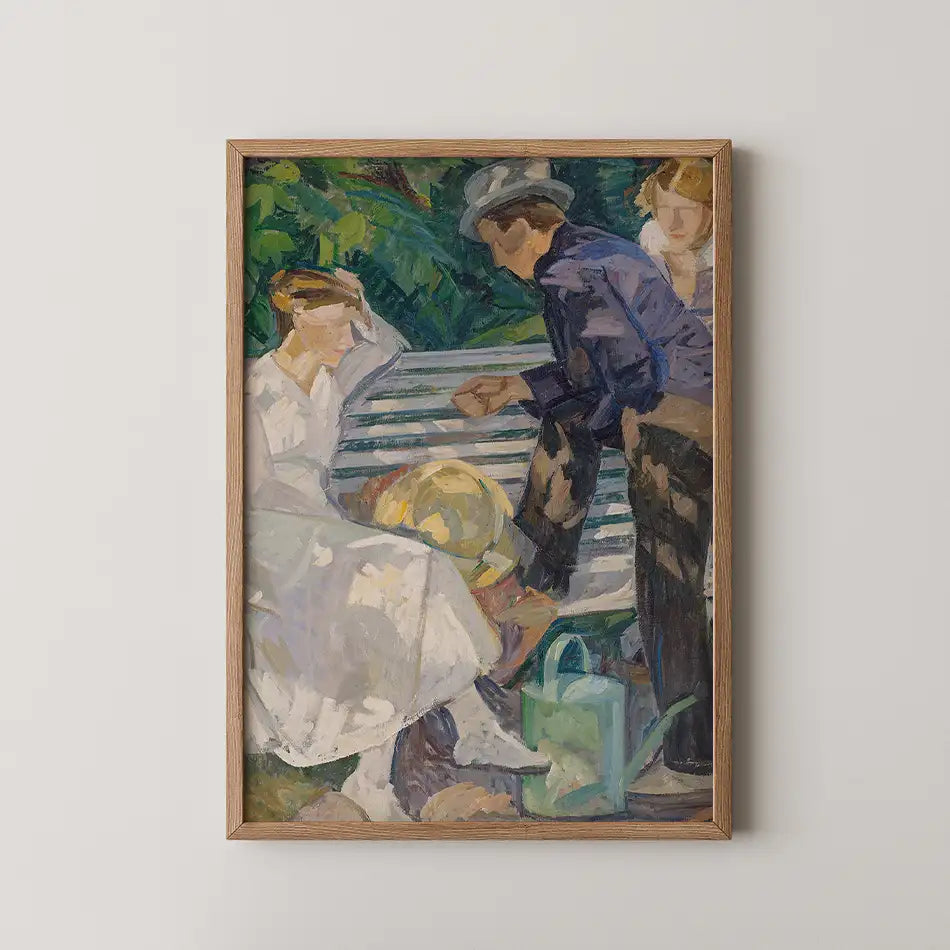 Painting featuring two figures in casual attire engaged in conversation, set in a serene outdoor environment with green foliage in the background, framed in a wooden frame.