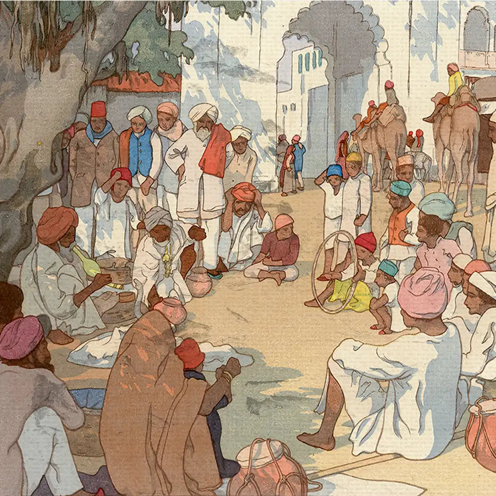 A vibrant painting depicting a lively scene of people in traditional attire gathered in a marketplace, with camels and architecture in the background.
