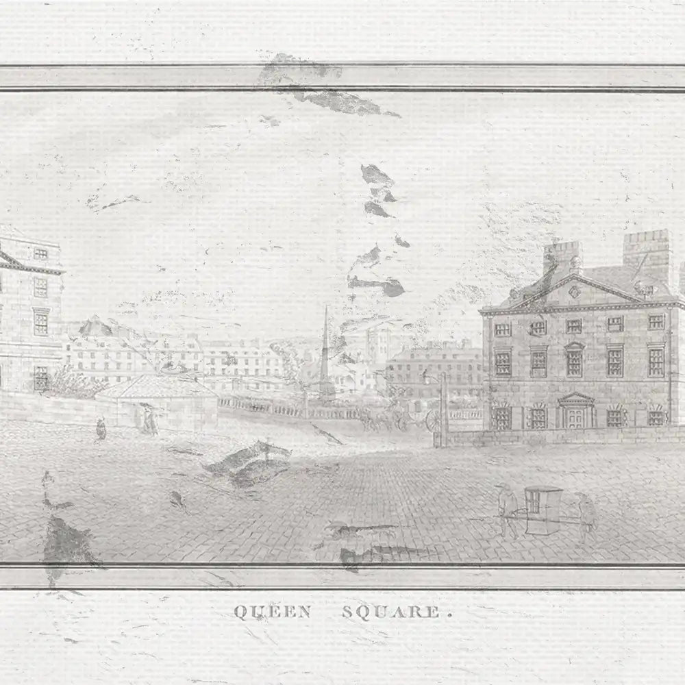 Black and white illustration of Queen Square featuring buildings, a cobblestone road, and a distant spire.