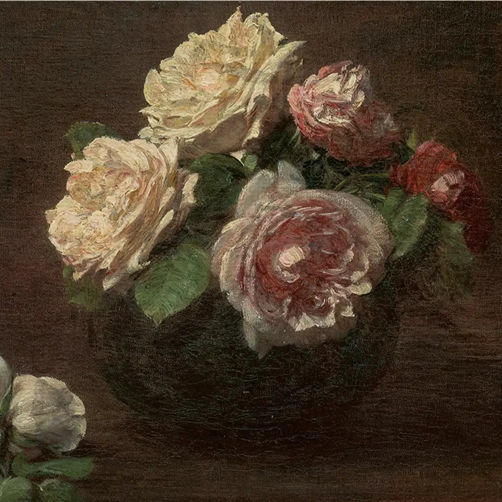 Bouquet of roses in a vase, featuring soft pink and white flowers with lush green leaves against a dark background.