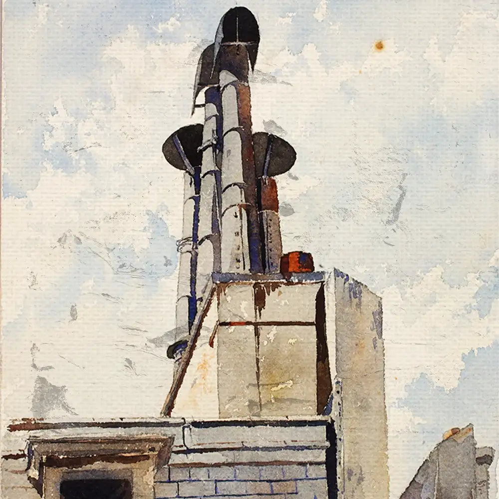 Watercolor painting of industrial chimneys against a cloudy sky.