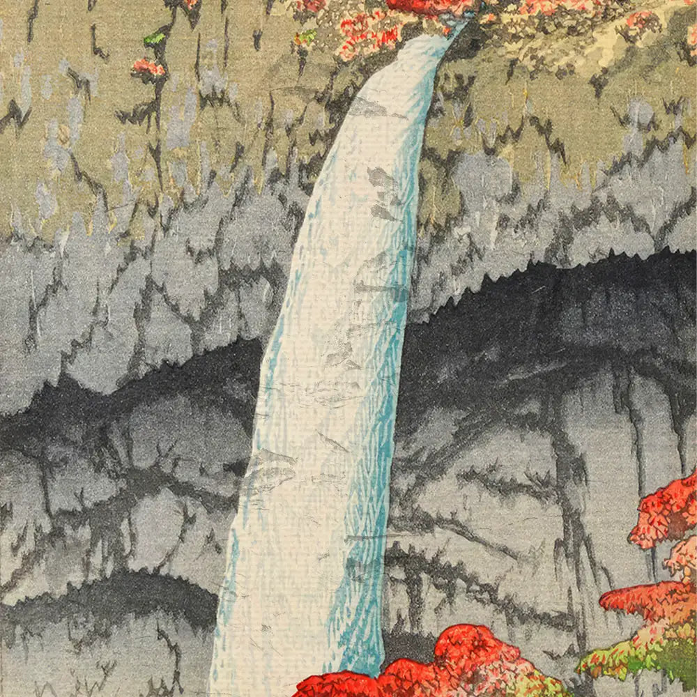 Waterfall cascading down rocky cliffs surrounded by vibrant red foliage in a decorative painting.