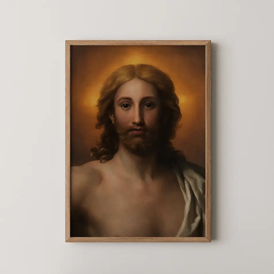 Framed painting of a religious figure with golden hair and a soft expression, illuminated by a halo effect.