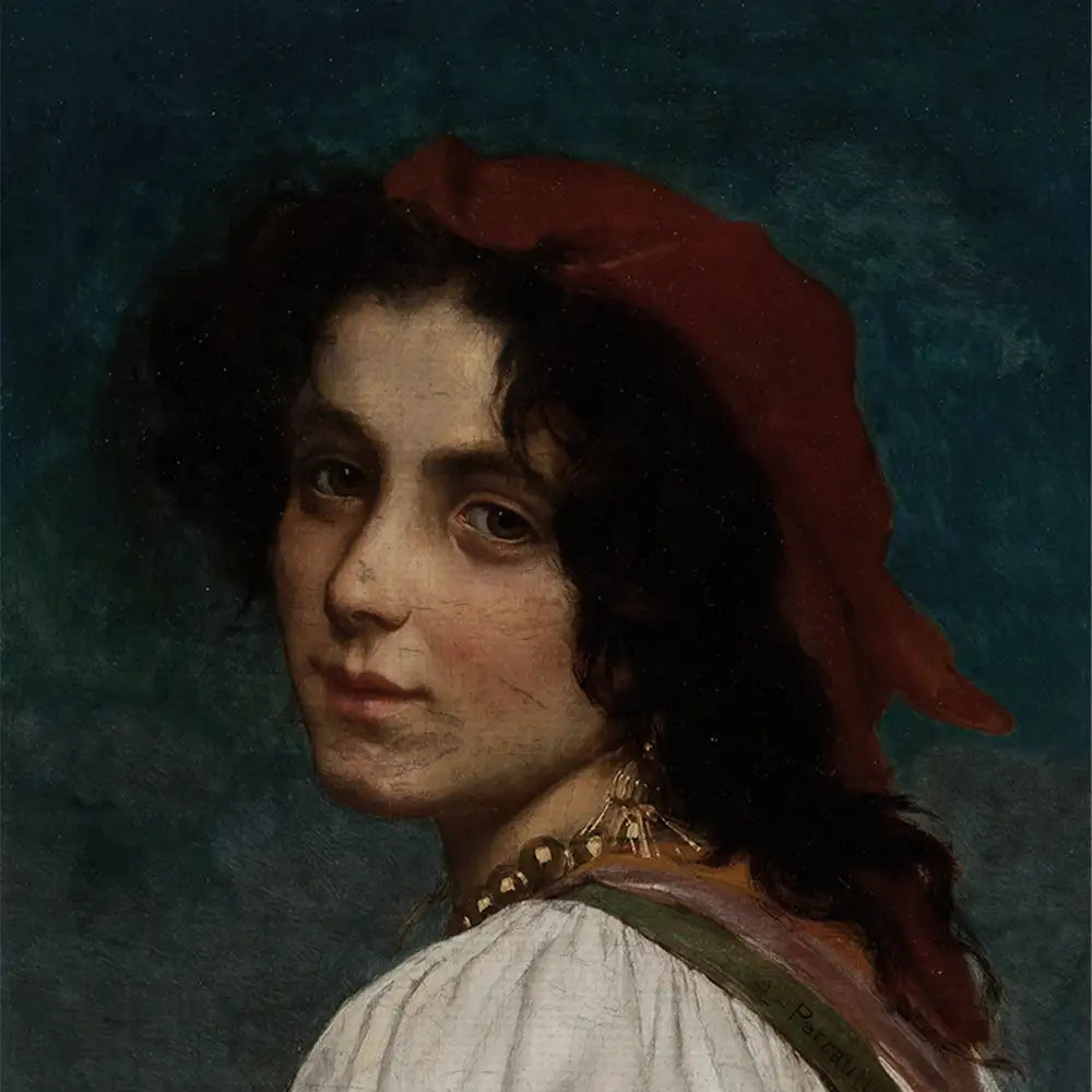 Portrait of a young woman with dark curly hair and a red headscarf, set against a blue-green background.