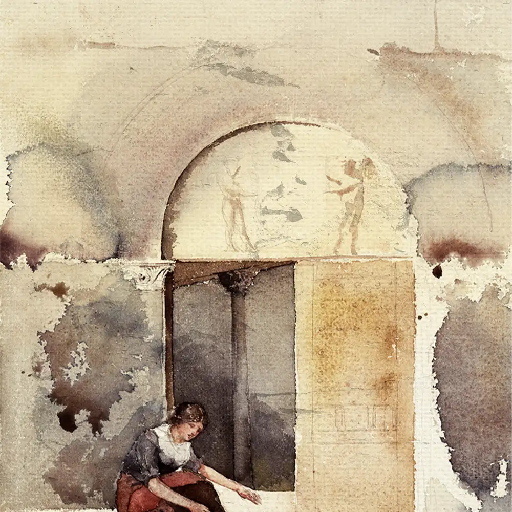 Watercolor painting of a woman sitting near an arched doorway with faded figures in the background.