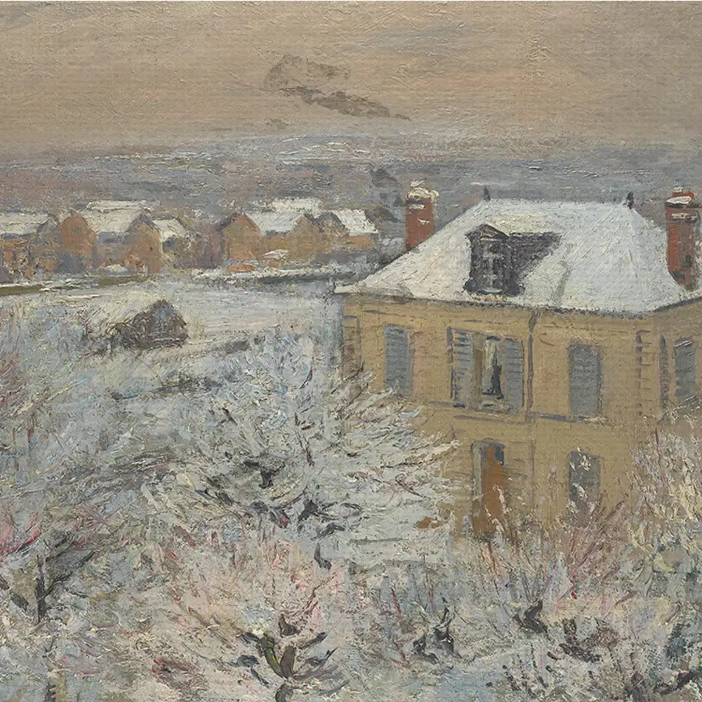 Winter scene painting depicting a snow-covered house and landscape with muted colors.