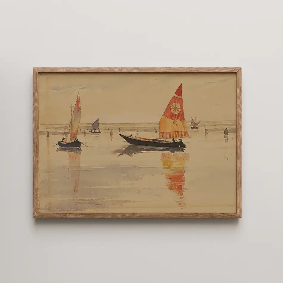 Painting of sailboats on calm waters at sunset, framed in wood.