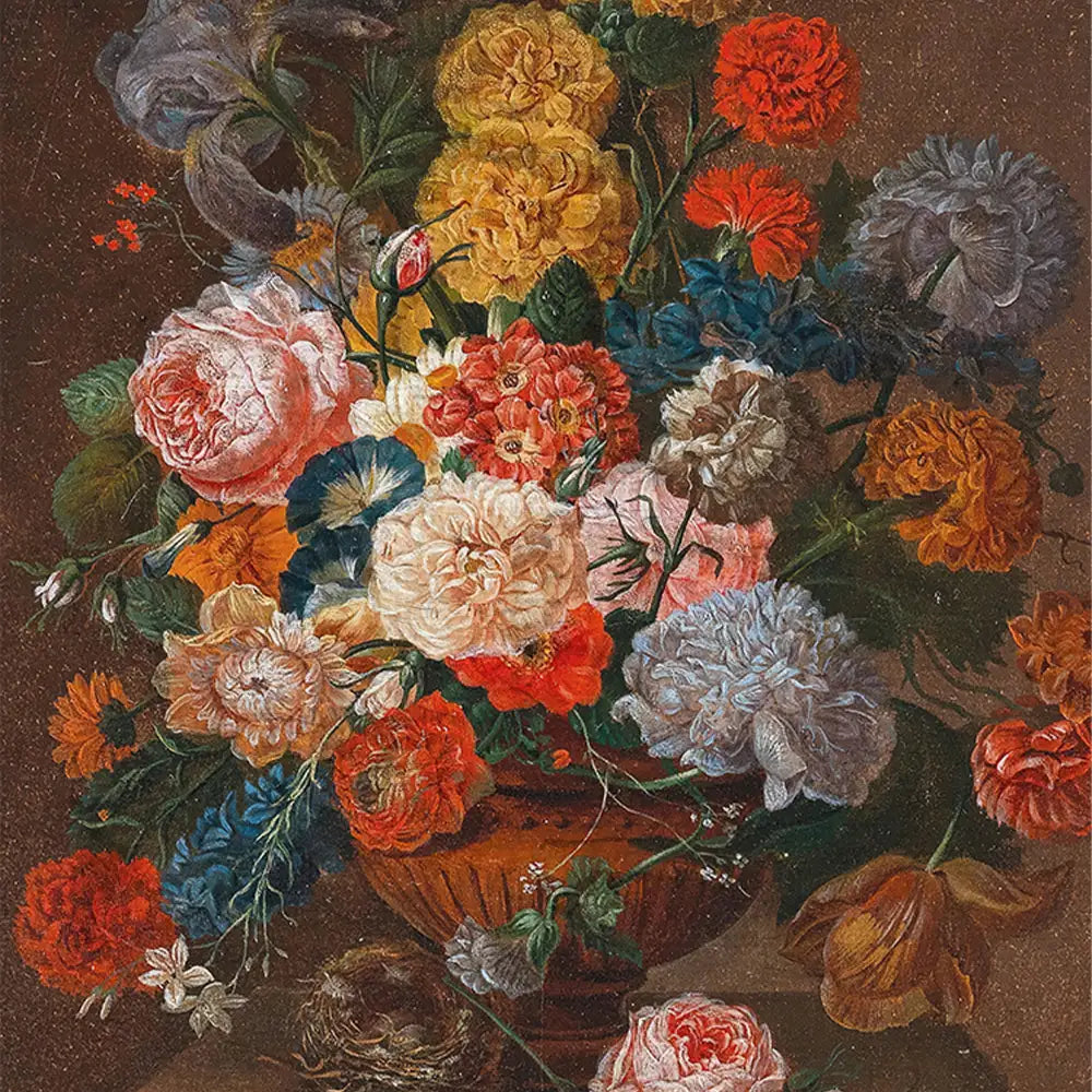 A vibrant still life painting featuring a bouquet of various colorful flowers in a decorative vase against a textured brown background.
