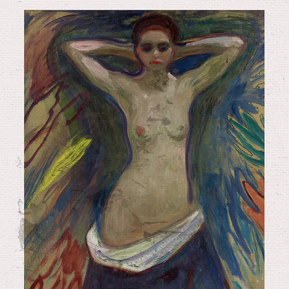 Nude female figure with arms raised, surrounded by colorful abstract brush strokes, in an expressive painting.