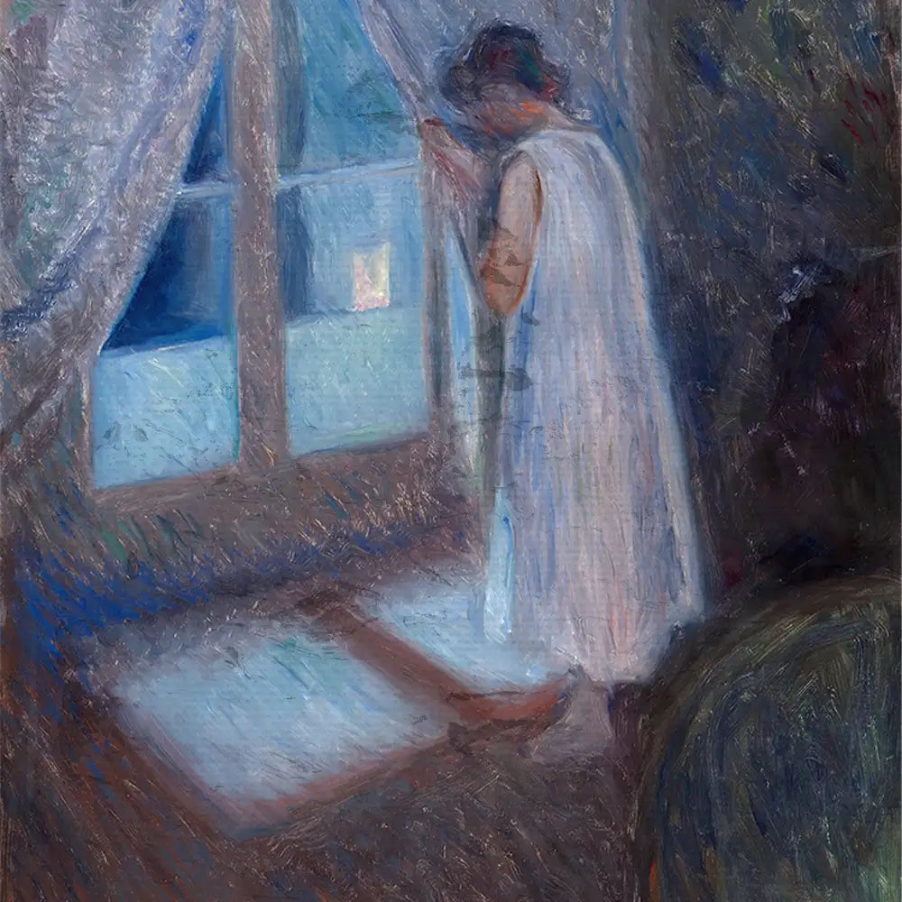 A woman in a white dress gazing out a window, framed by sheer curtains in a softly lit room, capturing a serene and contemplative moment.