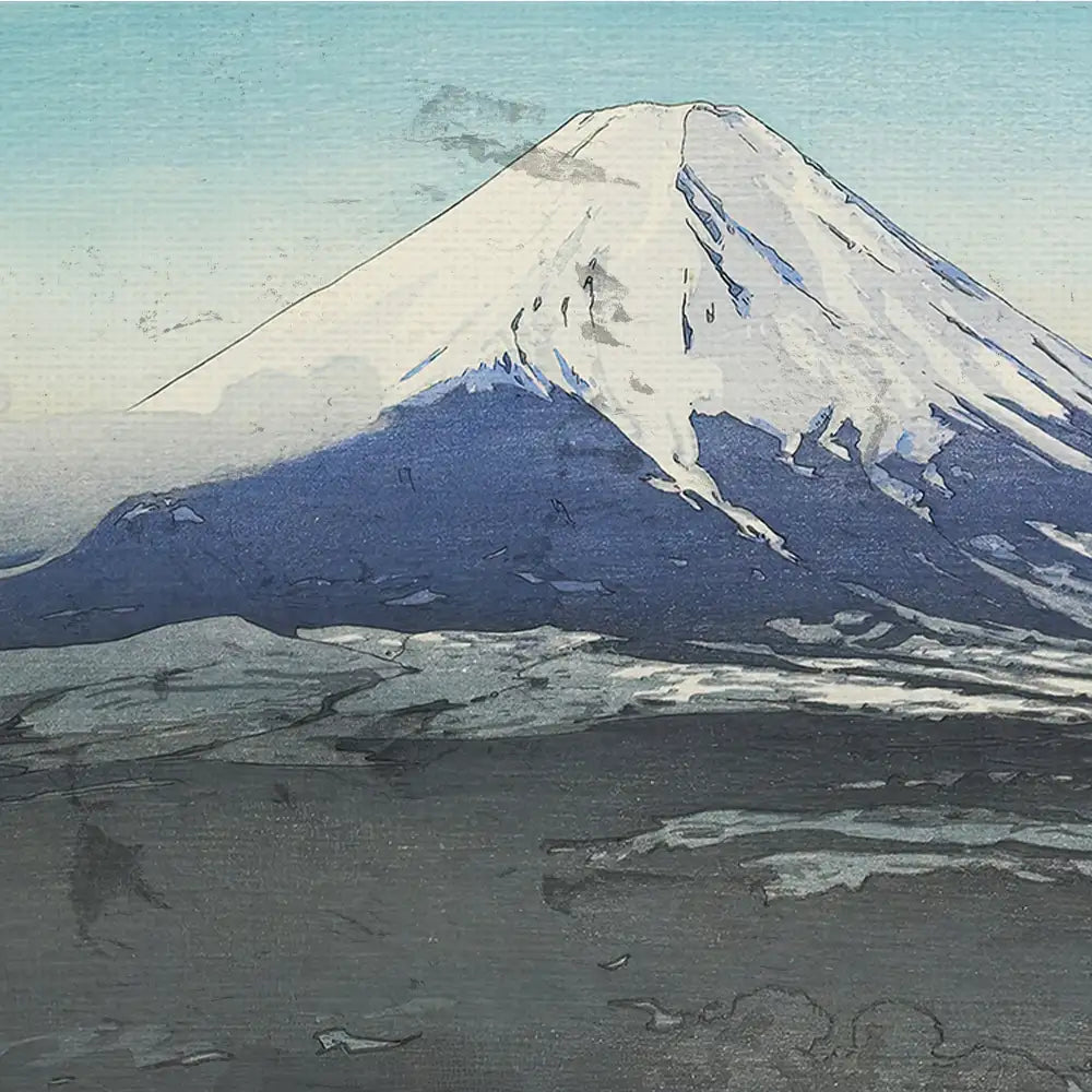 Painting of Mount Fuji with a serene sky, showcasing blue and white tones.
